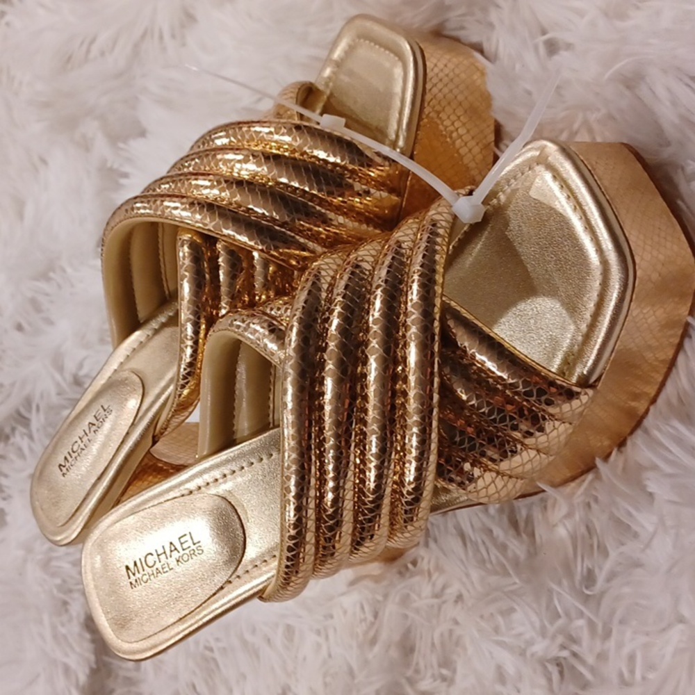 Michael Kors Womens Portia Gold Quilted Leather Platform Sandals Shoes New 6.5